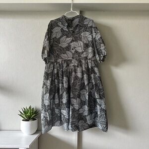 Mae Otti African Palm Leaf Print Black and Grey Button Front Cotton Dress 3XL